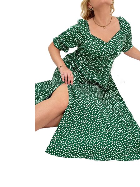 

plus ditsy floral print puff sleeve split thigh dress 49iq#, Black