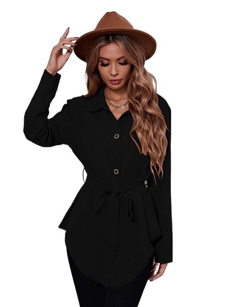

solid curved hem belted blouse 47la#, White