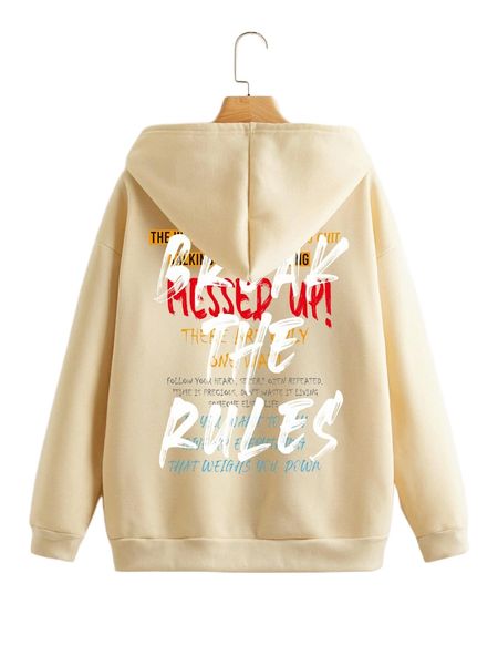 

slogan graphic drop shoulder drawstring zipper thermal hoodie m7nf#, Black