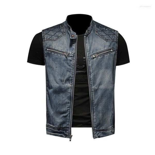 Coletes masculinos motociclistas coletes de jeans vintage bordados azuis zíperes bolsos mangas jaquetas punk cowboy moda wasitcoat m-6xl phin2