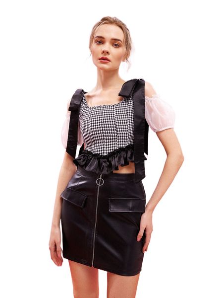 

x ginamichi cold shoulder knot strap ruffle hem houndstooth 79uj#, White