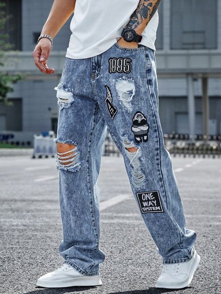 

men cartoon & letter patched ripped jeans a49v#, Blue