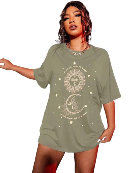 

plus slogan & sun print drop shoulder oversized tee n3pn#, Black