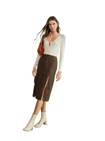 

split thigh plaid tweed skirt q6jl#, Black