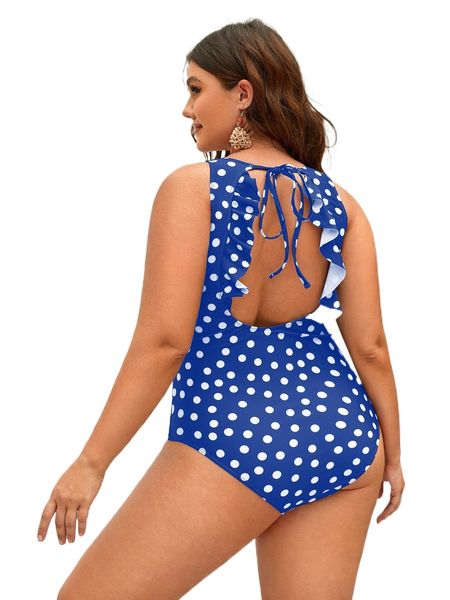 

plus polka dot backless knot ruffle trim one piece swimsuit s3dk#, White;black