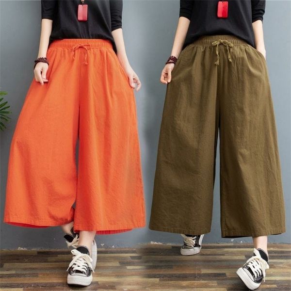 

plus size cotton linen pant spring high waist calf-length wide leg casual summer trouser's streetwear 220325, Black;white