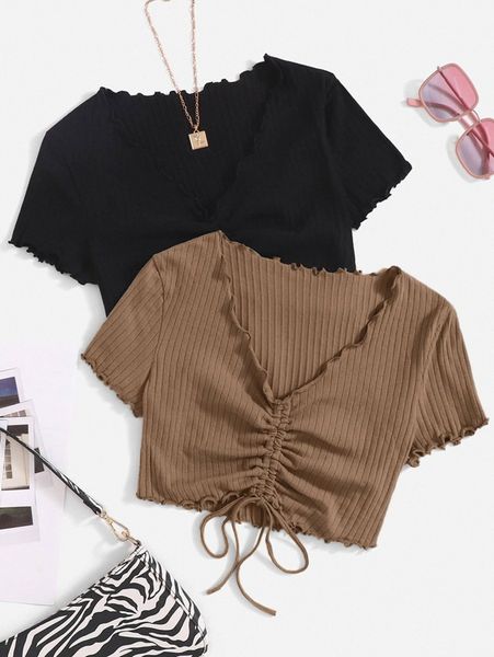 

2pcs drawstring front lettuce trim crop tee d7ym#, White