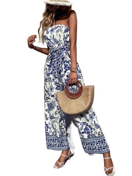 

floral print belted tube jumpsuit v2fq#, Black;white
