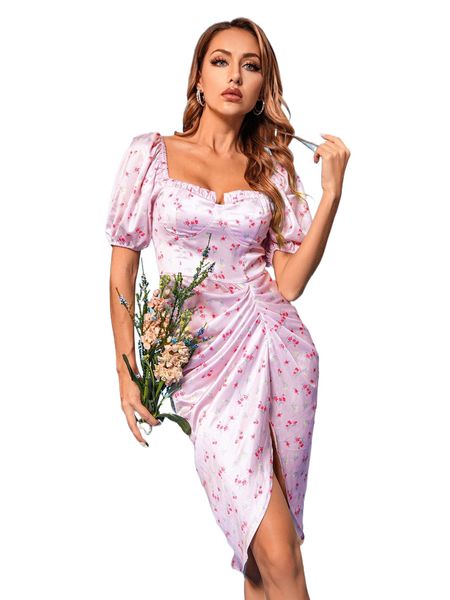 

double crazy ditsy floral print ruched split thigh frill trim fitted dress e7vn#, Black;gray