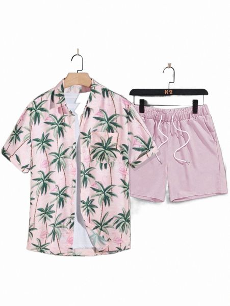 

men palm tree print shirt & drawstring waist shorts without tee f1nz#, Gray