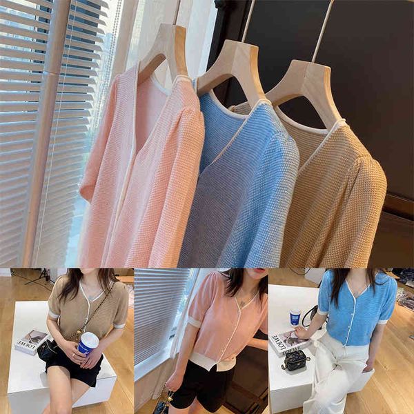 

women's t-shirt p105145as 22 spring and summer style early gentle department atmosphere sense v-neck knitted short sleeve t, White