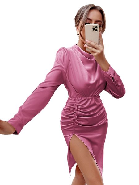 

sollinarry drape front ruched split thigh dress o9lu#, Black;gray