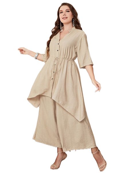 

plus button front asymmetrical hem popover shirt & wide leg pants s7o5#, Black