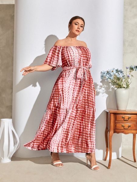 

plus tie dye off shoulder ruffle hem belted dress n2cq#, Black