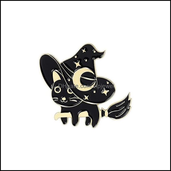 Pins Broschen Schmuck Punk Black Magic Cat Brosche Halloween Hexe Hut Blume Mond Anstecknadeln Emaille Tiere Cors Abzeichen für Tasche Cowboy Swea