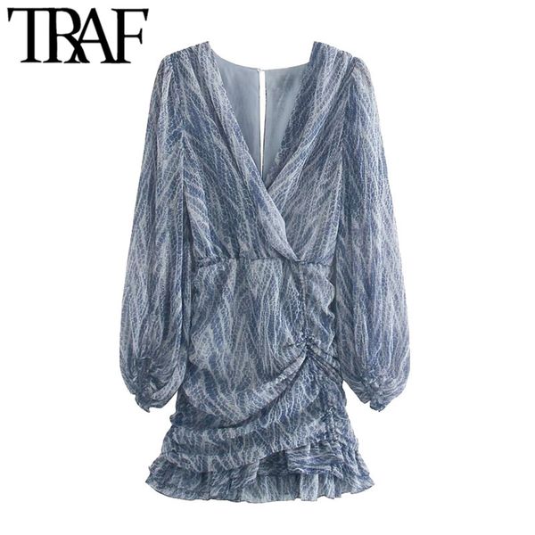 

traf women chic fashion animal print asymmetric draped mini dress vintage long sleeve ruffled female dresses mujer 210325, Black;gray