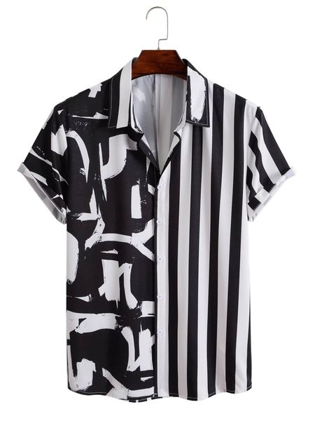 

men color block striped print shirt 41iu#, White;black