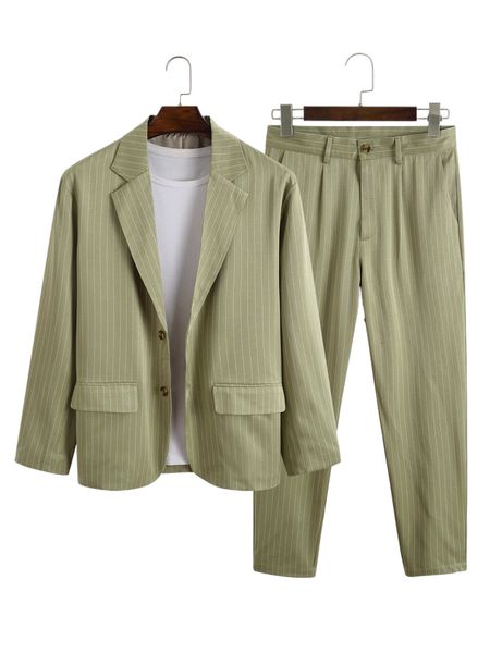 

men striped button up blazer & pants without tee e9mm#, White;black