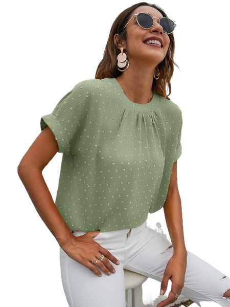 

solid swiss dot keyhole back batwing sleeve blouse 18fe#, White