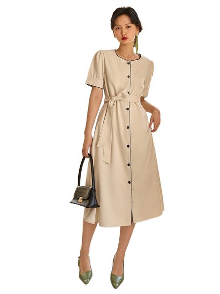 

dazy contrast binding button front belted dress l4v7#, Black;gray