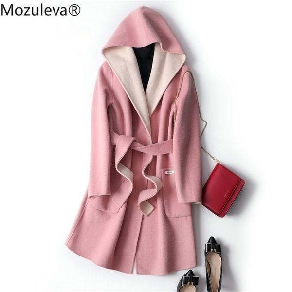 

hooded double-sided cashmere women's mid-length woolen coat lace-up winter clothes korean trend 210416, Tan;black