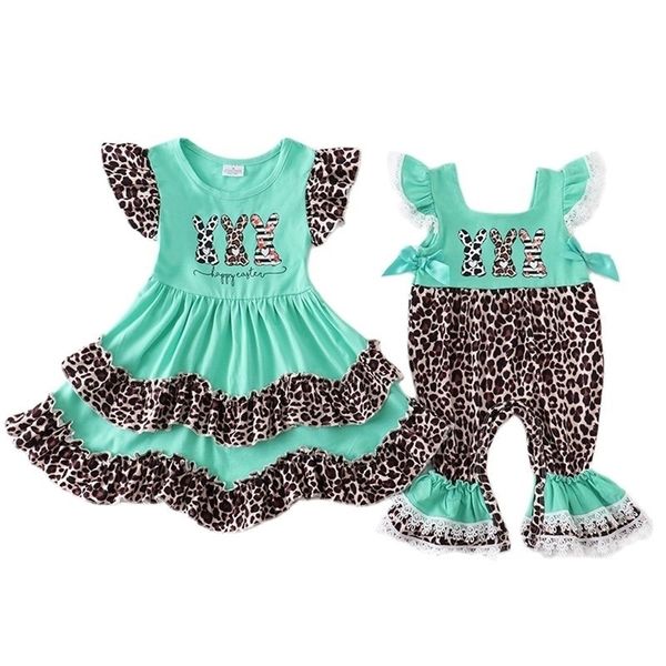Girlymax Frühling Ostern Geschwister Baby Mädchen Bunny Leopard Gebleichte Rüschen Capris Set Kleid Knielangen Strampler Kinder Kleidung 220531