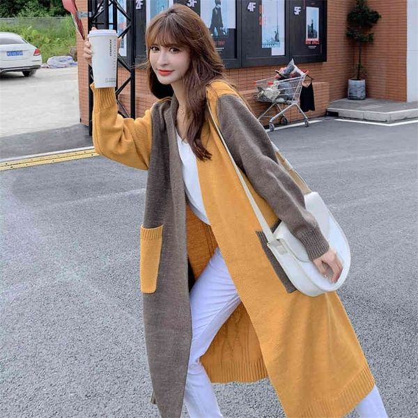

jxmyy autumn and winter women's korean fashion over-the-knee color matching knitted cardigan elegant and thin coat 210412, White;black