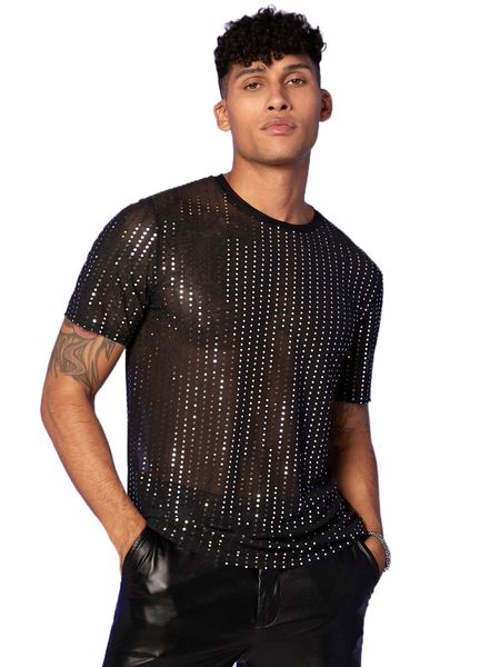 

men rhinestone mesh tee d6ff#, White;black