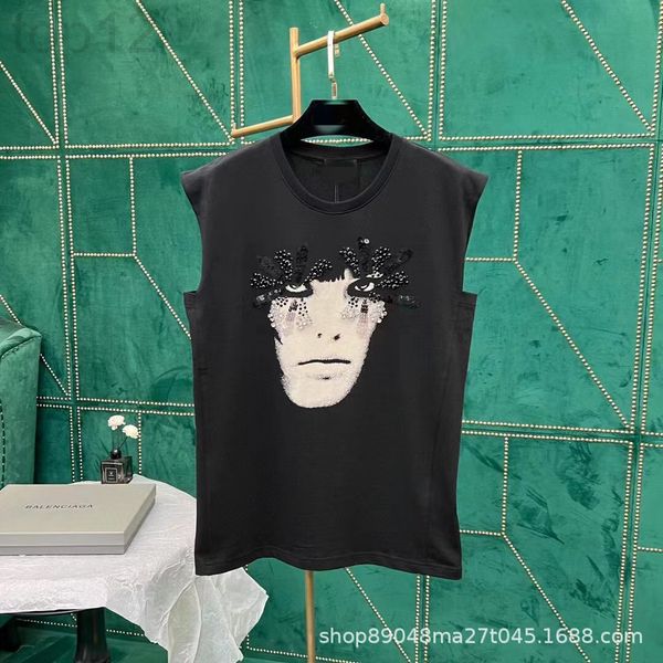 

women's t-shirt designer chaopai 22 early spring new style zhou xun same round neck black and white portrait pattern bead sequin short