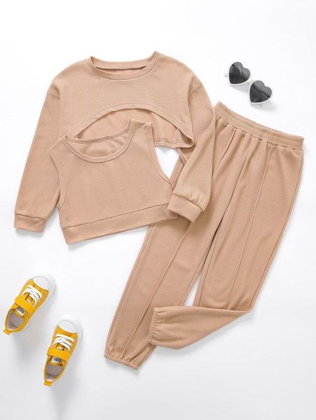 

girls waffle knit high low pullover & sweatpants & tank she, White