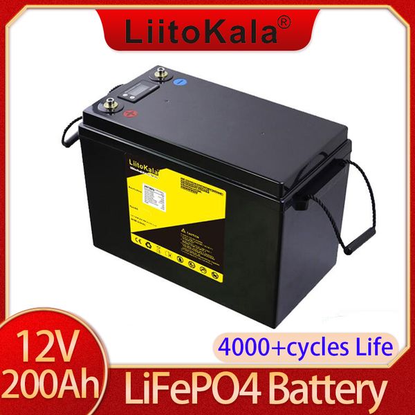 LiitoKala 12V 200AH lifepo4 batteria al litio 4s 12.8V 200Ah con display di tensione per inverter 1200w carrello da golf per barche UPS + caricabatterie 14.6V20A