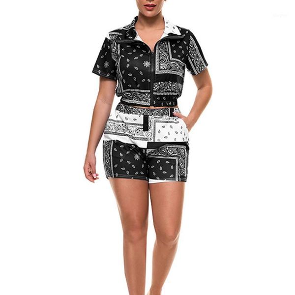 Tute da donna Moda Bandana Stampa 2 pezzi Set vestiti estivi per le donne 2022 Tuta con cerniera Crop Top e pantaloncini da motociclista Abiti coordinati