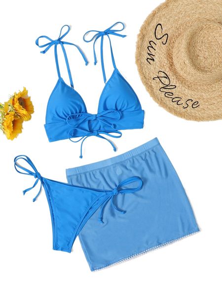 

plain ruched triangle bikini swimsuit with beach skirt 36hf#, White;black