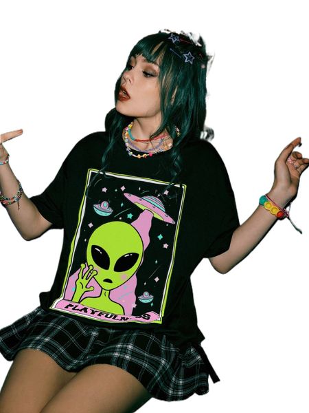 

romwe street life alien graphic tee 39zj#, White
