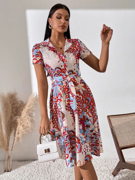 

floral print belted shirt dress t243#, Black;gray