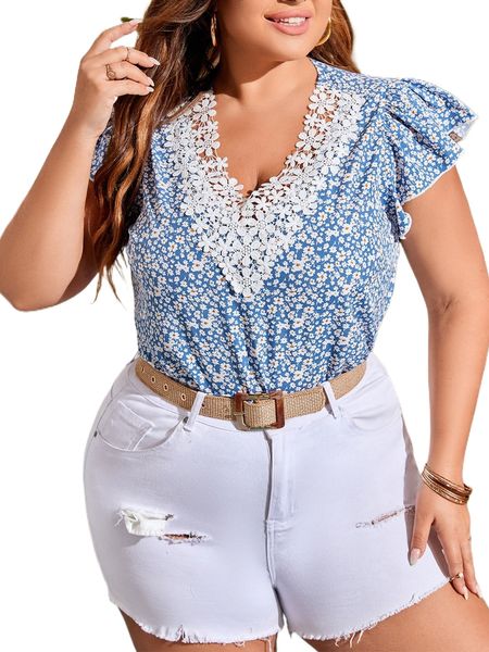 

plus ditsy floral contrast guipure lace flutter sleeve blouse o794#, Black