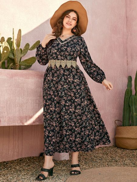 

plus floral print guipure lace insert lantern sleeve dress u0ls#, Black
