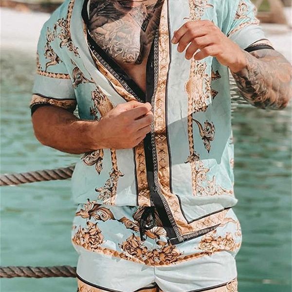 Hawaiian Erkek Baskı Kısa Kollu Yaz Gündelik Floral Gömlek Plajı İki Parça Takım Moda Erkekler S3XL 220705