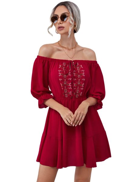 

off shoulder graphic embroidery flounce sleeve dress h2nz#, Black;gray