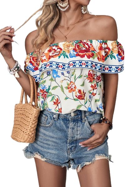 

floral print off shoulder ruffle trim blouse q5q3#, White