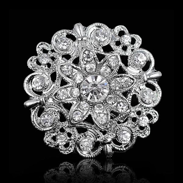 Jóias Silver Tone Silloy Rhinestone Crystal Vintage Look Flower Wedding Cake Broche