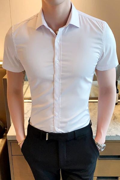 

summer man white dress shirt male black social shirt men pink short sleeve casual button up slim fit chemise homme aa, White;black