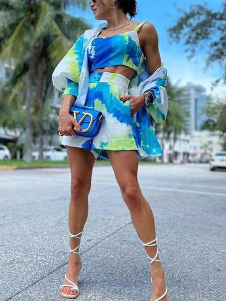 

women's tracksuits summer tie dye shirt shorts sets women print vest long sleeve shirts mini short three piece set female lady casual o, Gray