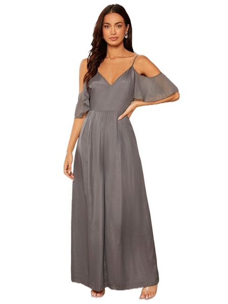 

cold shoulder organza wide leg jumpsuit m2ym#, Black;white