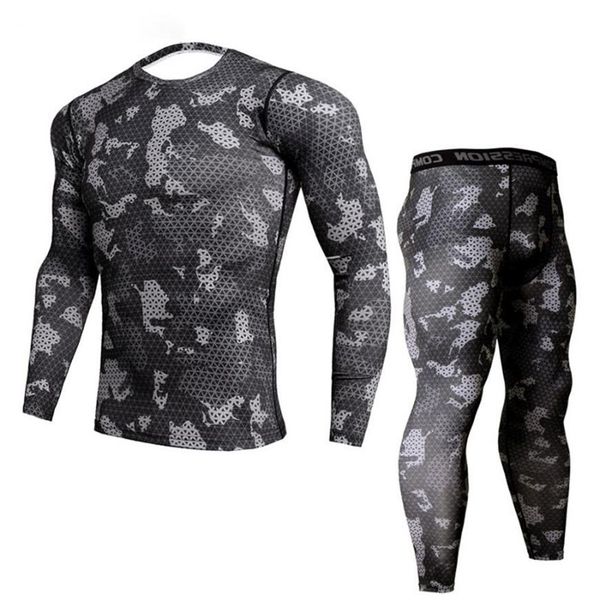 

new fitness camo t shirt men compression shirt 2pcs sets sportswear mma rashguard mens joggers leggings gyms bodybuilding tights218y, Gray