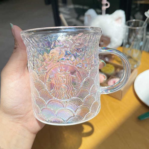

starbucks cup gradient colorful fish scale glass with mixing rod mermaid large capacity drinking cup