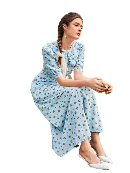 

ditsy floral print statement collar puff sleeve dress d2sa#, Black;gray