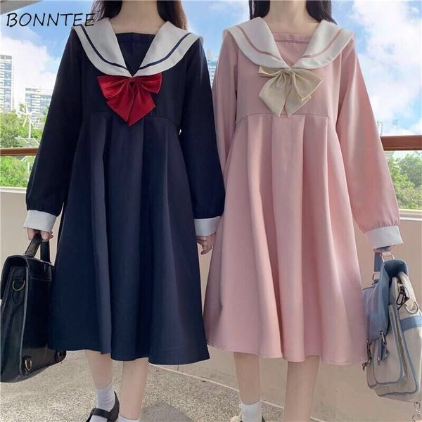 

a line dress women sweet kawaii japanese style college autumn sailor collar patchwork bow fashion leisure loose chic 220521, Black;gray