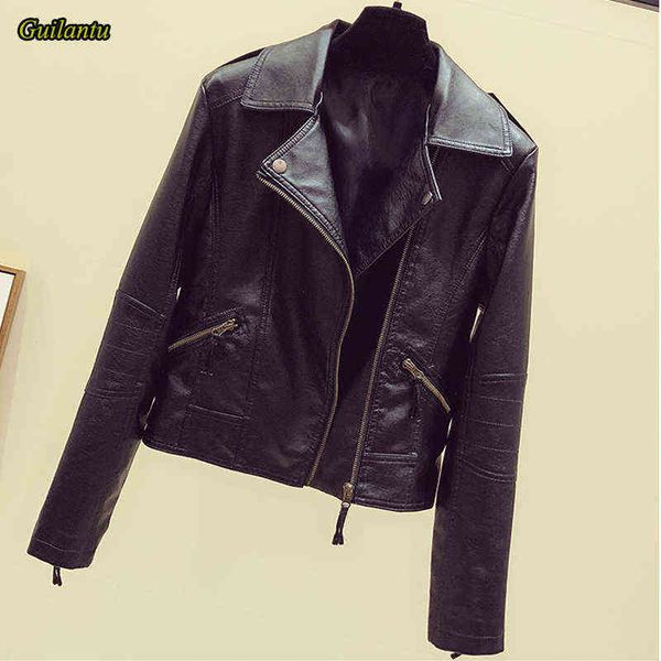 

guilantu spring autumn motorcycle faux pu leather jacket women turn-down collar zipper black punk streetwear biker coat l220728