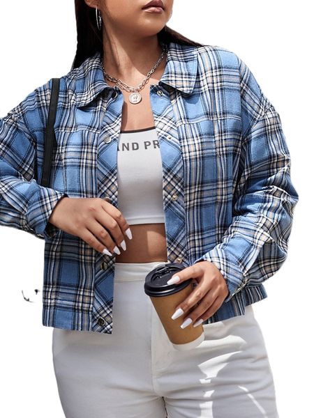 

plus plaid drop shoulder jacket f6ly#, Black